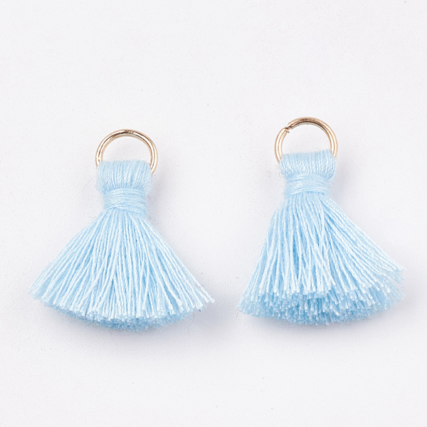 

PandaHall Polycotton(Polyester Cotton) Tassel Pendant Decorations, with Iron Findings, Light Gold, Light Blue, 20~30x7~8mm, Hole: 5mm...