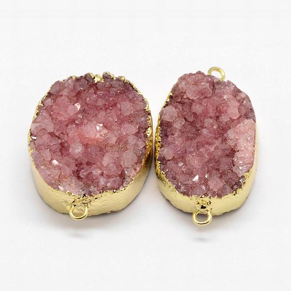 

PandaHall Electroplated Natural & Dyed Druzy Agate Links connectors, with Golden Plated Brass Findings, Oval, Pale Violet Red..., Pink