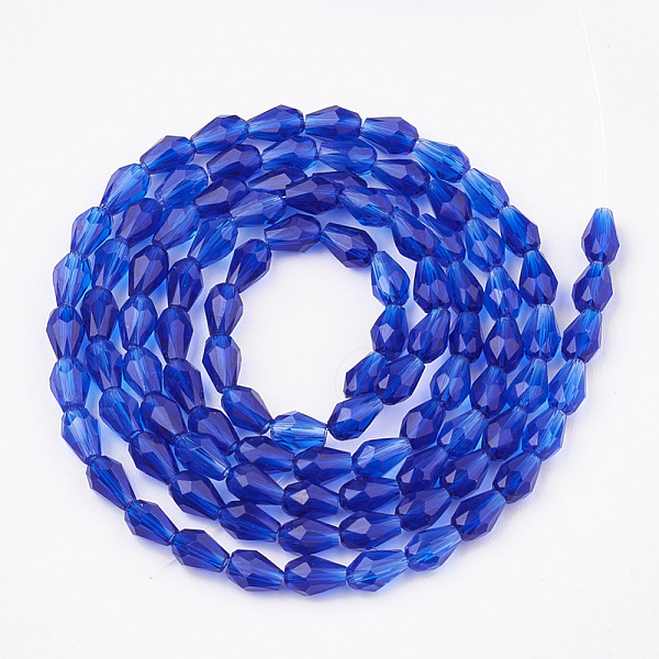 

PandaHall Transparent Glass Beads Strands, Faceted, teardrop, Blue, 4.5~5x3~3.5mm, Hole: 0.5mm, 100pcs/strand, 18.5 inch Glass Teardrop Blue