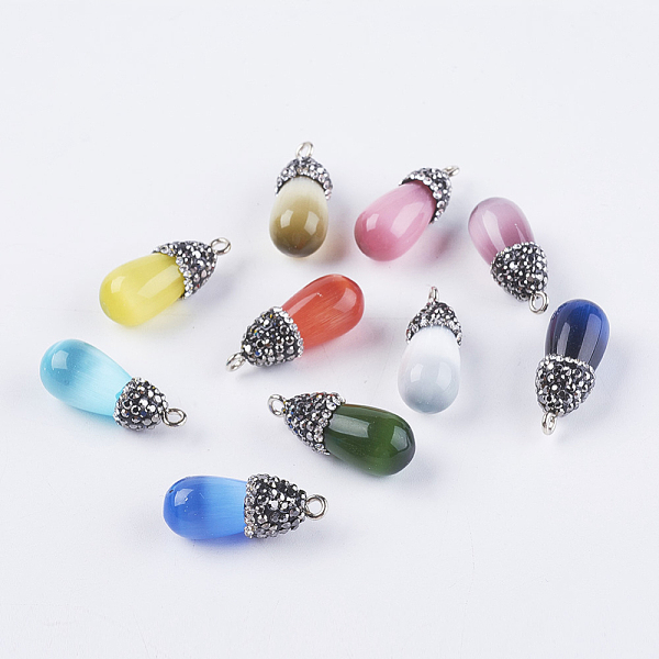

PandaHall Cat Eye Pendants, with Polymer Clay Rhinestone Beads and Brass Finding, teardrop, Platinum, Mixed Color, 25~26x10mm, Hole: 2mm..., Multicolor