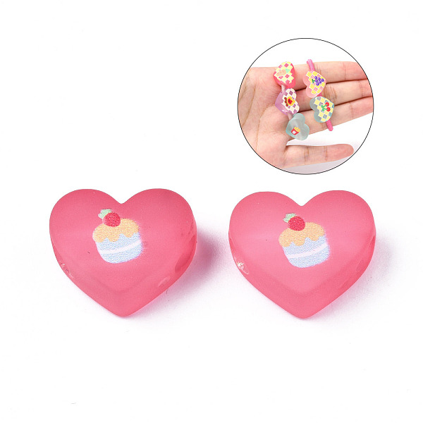 PandaHall Transparent Printed Acrylic Beads, for Hair Rope DIY, Large Hole Beads, Rubberized Style, Heart with Cup Cake Pattern, Hot Pink...
