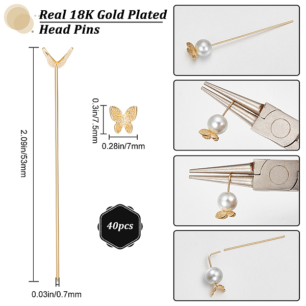 

PandaHall Beebeecraft 40Pcs Brass Butterfly Head Pins, Frosted, Nickel Free, Real 18K Gold Plated, 21 Gauge, 53x0.7mm, Head: 7.5x7mm Brass