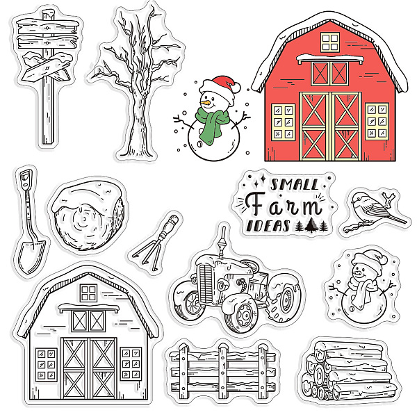 

PandaHall CRASPIRE Farm Clear Rubber Stamps Christmas Snowman Signpost Haystack Tractor Tree Fence Birdie Word Transparent Vintage Postmark...