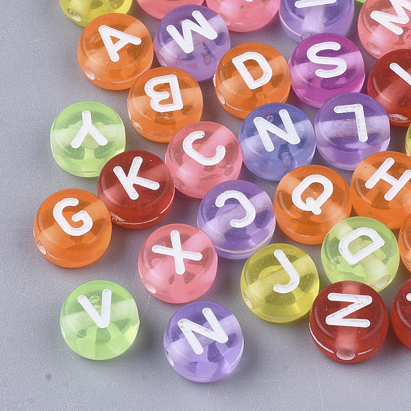 

PandaHall Transparent Acrylic Beads, Horizontal Hole, Flat Round with Random Initial Letter, Mixed Color, 7x4mm, Hole: 1.5mm, about..., Multicolor