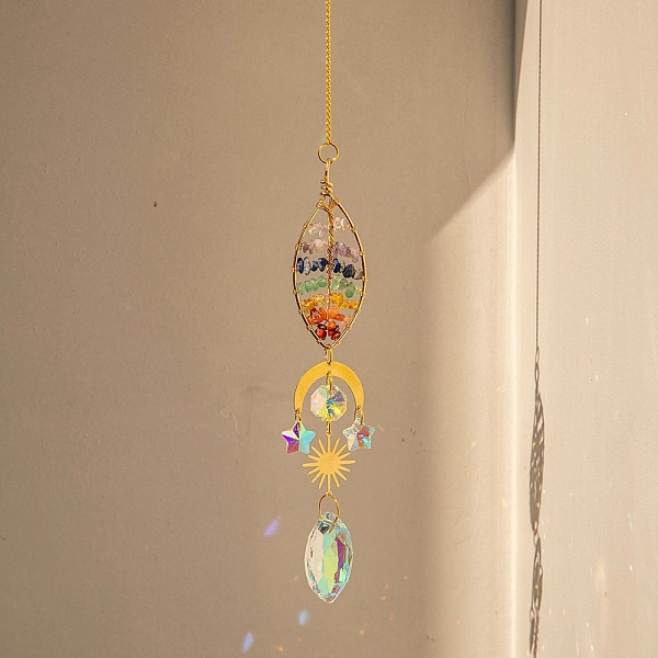 

PandaHall Natural Gemstone Chip Pendant Decorations, Suncatchers, with Glass, Leaf, 390mm Mixed Stone Leaf