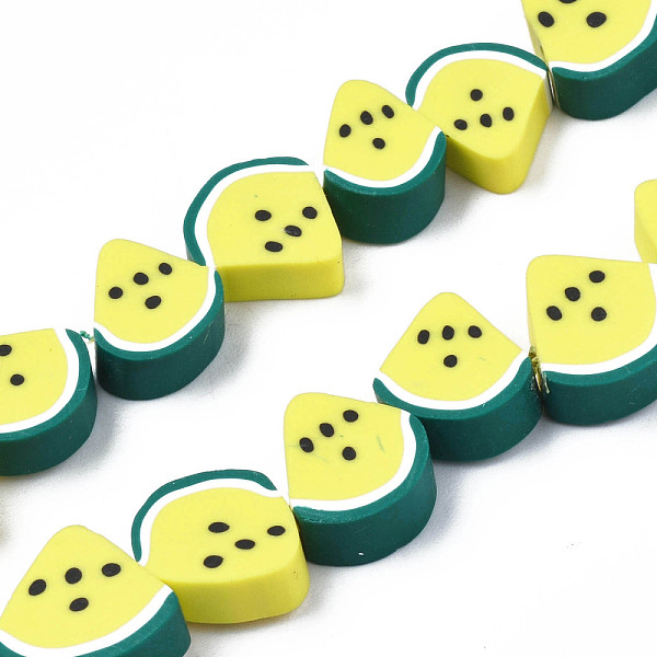 

PandaHall Handmade Polymer Clay Bead Strands, Watermelon Slice, Yellow, 9~11.5x8.5~12x4~4.5mm, Hole: 1.5mm, about 38~40pcs/strand, 11.42...