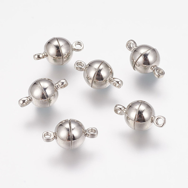 

PandaHall Brass Magnetic Clasps with Loops, Round, Platinum, 14x8mm, Hole: 1.5mm Brass Round