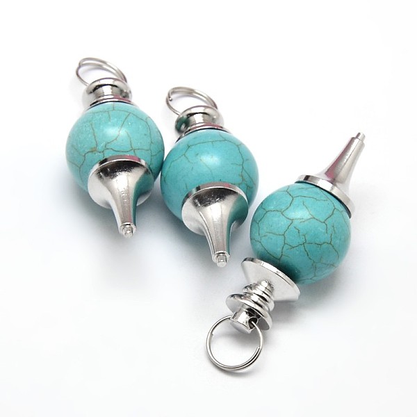 

PandaHall Platinum Tone Zinc Alloy Synthetic Turquoise Pendants, Lead Free & Nickel Free, 41~43x18mm, Hole: 5.5mm Synthetic Turquoise Others