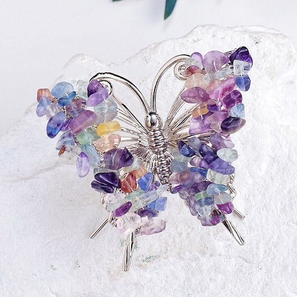 

PandaHall Raw Natural Fluorite Chip Mineral Specimen Display Decorations, with Butterfly Metal Holder, for Home Desktop Feng Shui Ornament...