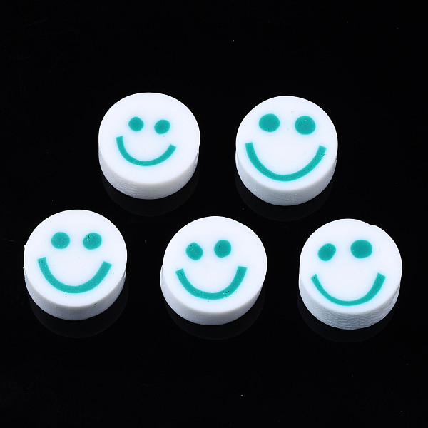PandaHall Handmade Polymer Clay Beads, for DIY Jewelry Crafts Supplies, Flat Round with Smiling Face, Light Sea Green, 10x4~4.5mm, Hole...