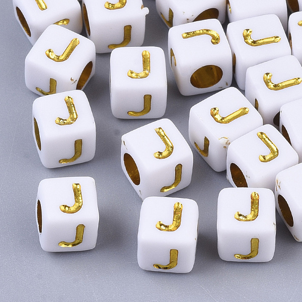 

PandaHall Plating Acrylic Beads, Horizontal Hole, Golden Metal Enlaced, Alphabet Style, Cube, Letter.J, 5.5~6x5.5~6x5.5~6mm, Hole: 3.5mm..., Gold
