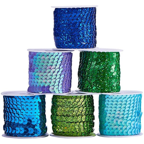 PandaHall PH 6mm (1/4 Inch) 6 Rolls 6 Color Spangle Flat Sequins Trim Paillette Spool String for Dress Embellish Headband(5m/ roll, Blue...