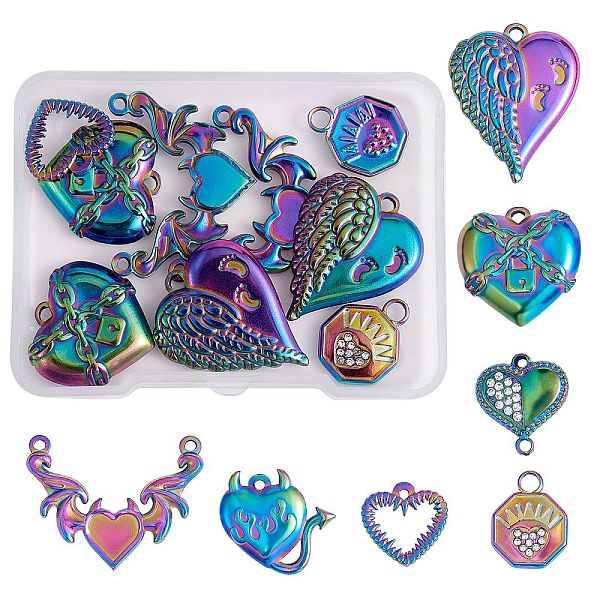 

PandaHall 14Pcs 7 Style 304 Stainless Steel Pendant, Heart & Octagon with Heart, Rainbow Color, 14~28x12.5~30x1.5~3mm, Hole: 1.4~2mm...