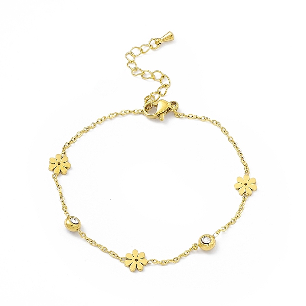

PandaHall Crystal & Jet Rhinestone with Flower Link Chain Bracelets, Ion Plating(IP) 304 Stainless Steel Jewelry for Women, Golden, Inner...