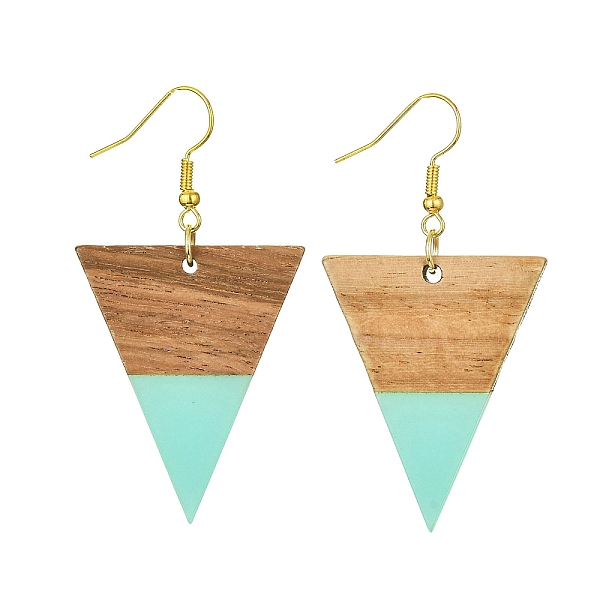 

PandaHall Resin & Walnut Wood Triangle Dangle Earrings, Golden Iron Long Drop Earrings, Medium Turquoise, 57x30.5mm Resin Triangle
