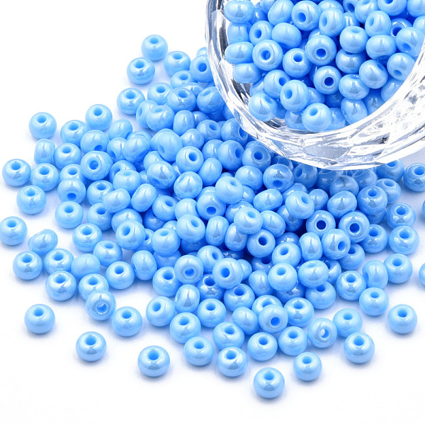 

PandaHall 6/0 Czech Opaque Glass Seed Beads, Lustered, Round, Light Sky Blue, 4x3mm, Hole: 1.2mm, about 500g/bag Czech Glass