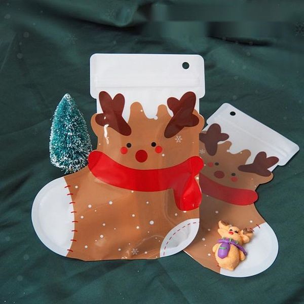 PandaHall Christmas Theme Boots Plastic Gift Bags, Zip Lock Bags, for Biscuit & Candy Packaging, Reindeer Pattern, 22x19x0.01cm, 10pcs/bag...