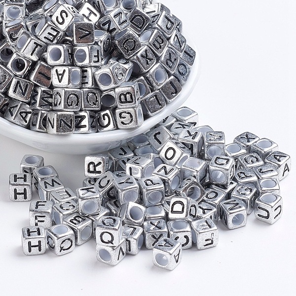 

PandaHall Antique Silver Plated Large Hole Acrylic European Beads, Horizontal Hole, Cube with Random Letters, 6x6x6mm, Hole: 4mm, about...