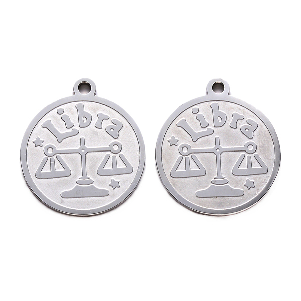 

PandaHall 201 Stainless Steel Pendants, Flat Round with Twelve Constellation, Laser Cut, Stainless Steel Color, Libra, 25x22x1.5mm, Hole...