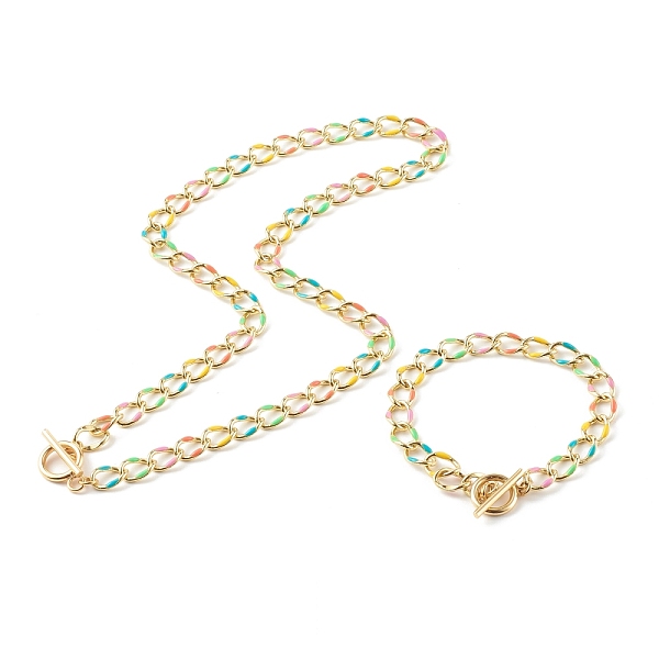 

PandaHall Brass Enamel Curb Chain Necklaces & Bracelets Jewelry Sets, with 304 Stainless Steel Toggle Clasps, Colorful, Golden, 7-1/4 inch...