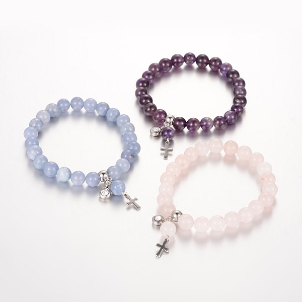 

PandaHall Natural Mixed Stone Beaded Stretch Charm Bracelets, with Rhinestone and 304 Stainless Steel Findings, 57mm Mixed Stone Clear