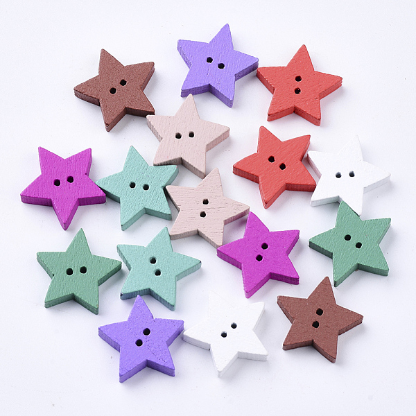

PandaHall 2-Hole Spray Painted Wooden Buttons, Star, Mixed Color, 18x18.5x4mm, Hole: 1.2mm Wood Star Multicolor