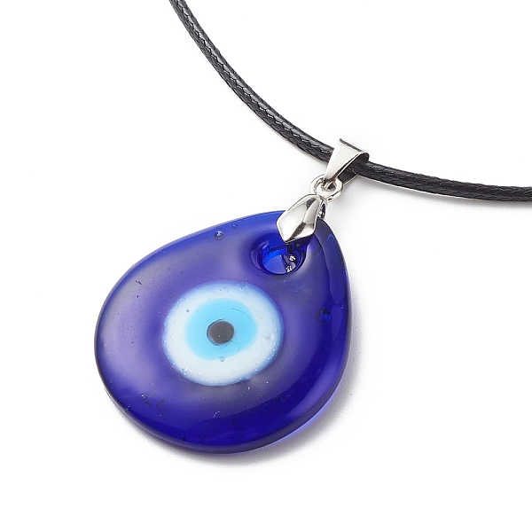 

PandaHall Blue Lampwork Evil Eye Pendant Necklace with Waxed Cord for Women, Teardrop Pattern, Pendant: 41x30x5mm, 17.64~17.72 inch...
