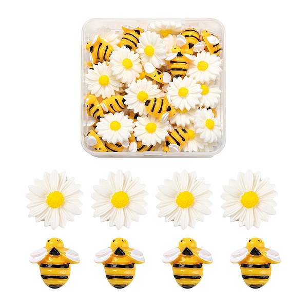 PandaHall 50Pcs 2 Style Resin Cabochons, Bees & Flower/Daisy, Mixed Color, 19~23x19~22x7~9mm, 25pcs/Style Resin Mixed Shapes Multicolor