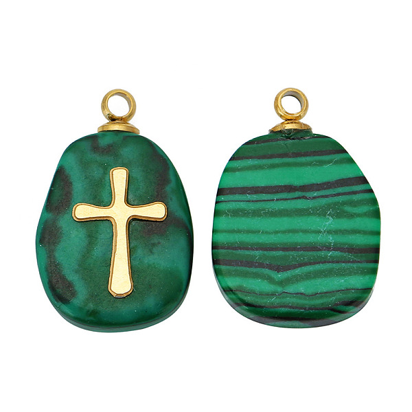 

PandaHall Natural Malachite Pendants, Oval Charms with Golden Tone Stainless Steel Cross Slice, 17x11mm, Hole: 1.5mm Malachite Oval