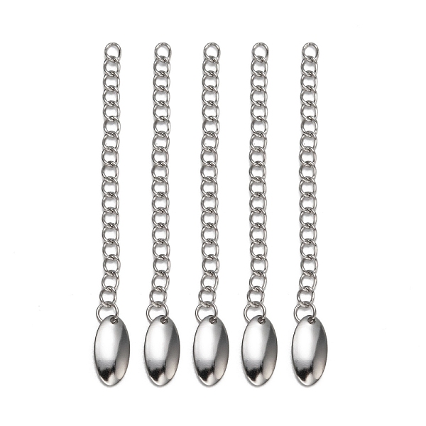 

PandaHall 304 Stainless Steel Chain Extender, with Oval Charms, Stainless Steel Color, 61x3mm, Oval: 12x6x1mm. 304 Stainless Steel