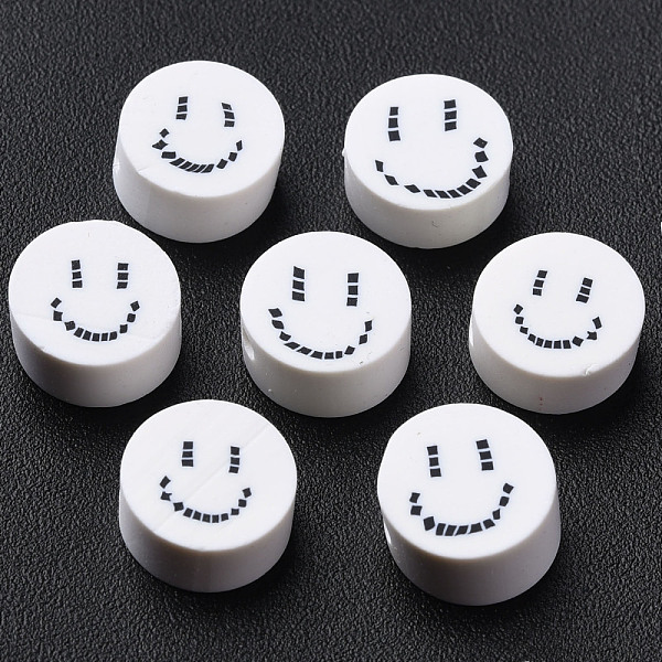 PandaHall Handmade Polymer Clay Beads, for DIY Jewelry Crafts Supplies, Flat Round with Smiling Face, White, 9x4~5mm, Hole: 1.6mm Polymer...