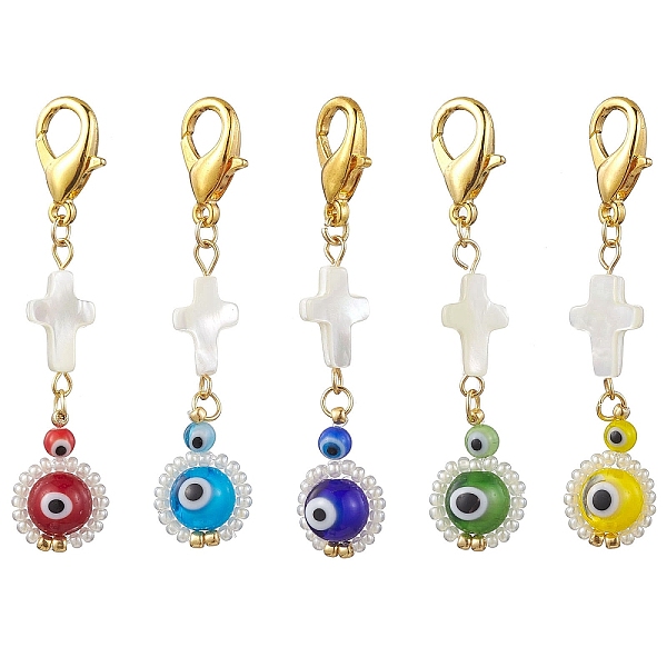 

PandaHall Lampwork & Glass Seed Bead Pendant Decorations, with Shell Cross, Cross wiht Evil Eye, Mixed Color, 55mm Glass Evil Eye Multicolor