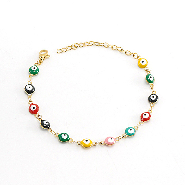

PandaHall Real 18K Gold Plated Stainless Steel Enamel Evil Eye Link Chain Bracelet, Colorful, 6-3/4 inch(17cm) Stainless Steel Evil Eye