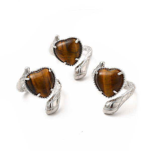 

PandaHall Natural Tiger Eye Heart with Snake Open Cuff Ring, Platinum Brass Jewelry for Women, US Size 8 1/2(18.5mm) Tiger Eye