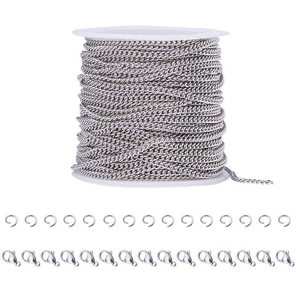 

PandaHall 33 Feet 304 Stainless Steel Twisted Curb Link Cable Chains Necklace with 20 Lobster Claw Clasps and 30 Jump Rings for Jewelry...