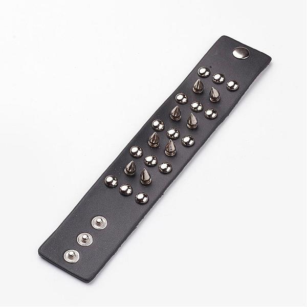 

PandaHall Punk Rock Style Cowhide Leather Rivet Bracelets, with Alloy & Iron Findings, Black, 230x41x2mm(9 inchx1-5/8 inch) Leather Black