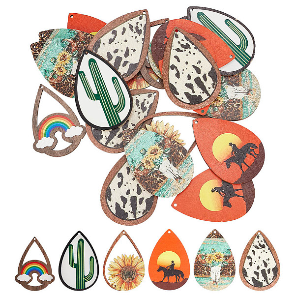 

PandaHall ARRICRAFT 48Pcs 6 Styles Single Face Printed Aspen Wood Big Pendants, Teardrop Charms, Mixed Color, 54.5~60x40~40.5x2.5~3mm, Hole..., Multicolor