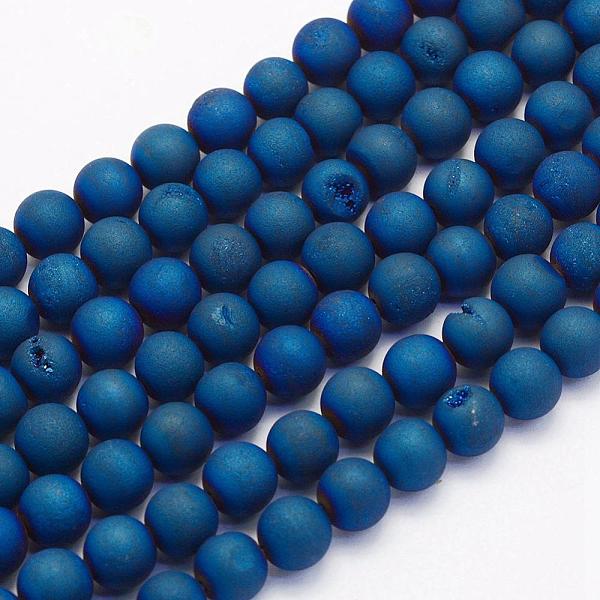 PandaHall Electroplate Natural Druzy Agate Beads Strands, Dyed, Round, Frosted, Blue Plated, 10mm, Hole: 1mm, about 38pcs/strand, 15.7 inch...