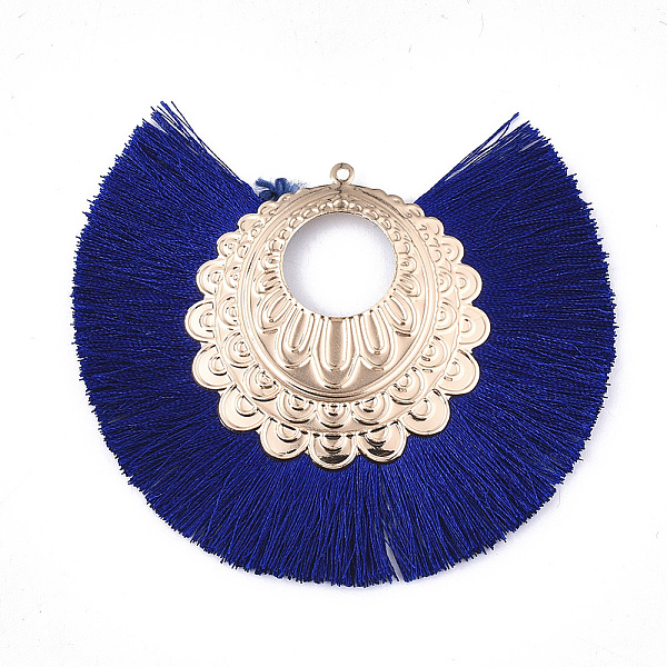 

PandaHall Polyester Tassel Big Pendant Decorations, with Iron Findings, Fan, Light Gold, Blue, 70~75x84~88x2.5mm, Hole: 1.5mm Polyester Blue