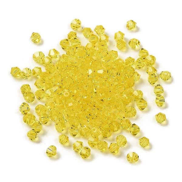 

PandaHall Transparent Glass Beads, Faceted, Bicone, Yellow, 3.5x3.5x3mm, Hole: 0.8mm, 720pcs/bag. Glass Bicone Yellow