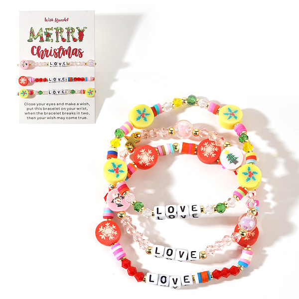 3Pcs Christmas Theme Handmade Polymer Clay & Glass Bicone Beads Stretch Bracelet Sets, with Word Love, Mixed Color, 6-7/8 inch(17.5cm)