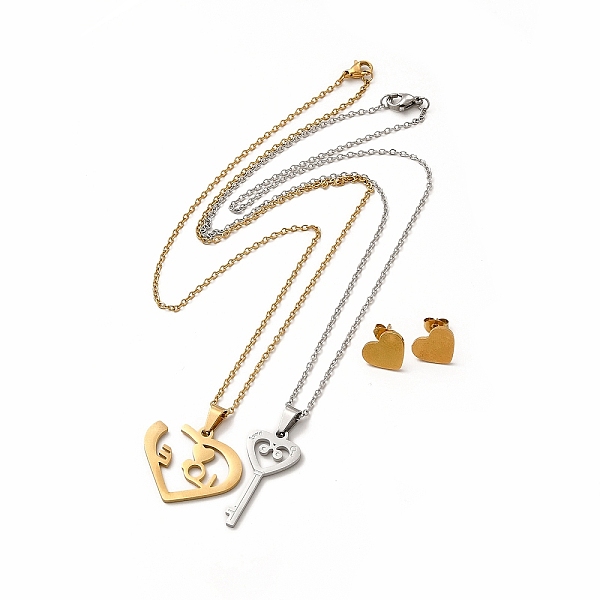 

PandaHall Heart & Skeleton Key Couple Pendant Necklaces & Stud Earrings, Vacuum Plating 304 Stainless Steel Word Love Jewelry Set for...