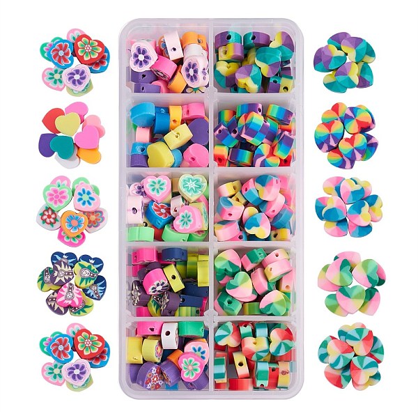 PandaHall 250Pcs 10 Style Handmade Polymer Clay Beads, Heart & Heart with Flower & Heart with Smiling Man, Mixed Color, 25pcs/style Polymer...