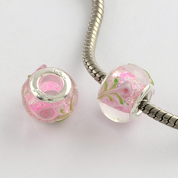 

PandaHall Rondelle Lampwork Large Hole European Beads, with Silver Color Plated Brass Cores, Pearl Pink, 14~15x10~11mm, Hole: 5mm...