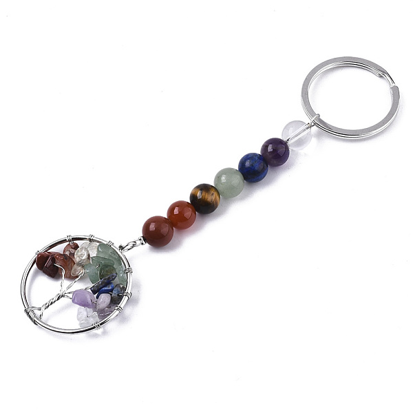 

PandaHall Natural Gemstone Chips Chakra Keychain, with Platinum Plated Stainless Steel Split Key Rings and Mixed Stone, Flat Round with Tree...