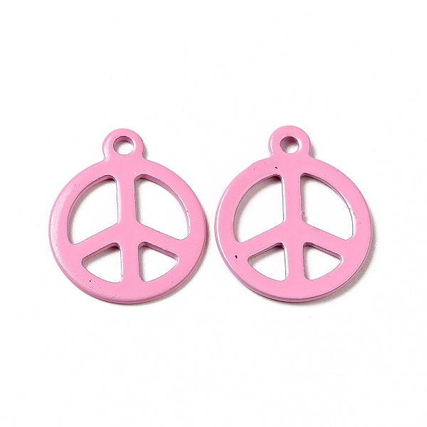 

PandaHall Spray Painted 201 Stainless Steel Pendants, Flat Round with Peace Sign Charm, Pearl Pink, 15x12.5x1mm, Hole: 1.4mm 201 Stainless...