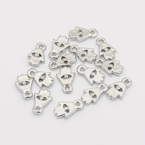 

PandaHall Tibetan Style Alloy Hamsa Hand/Hand of Fatima /Hand of Miriam with Evil Eye Charms, Platinum, 11x7x2mm, Hole: 1mm Alloy Palm
