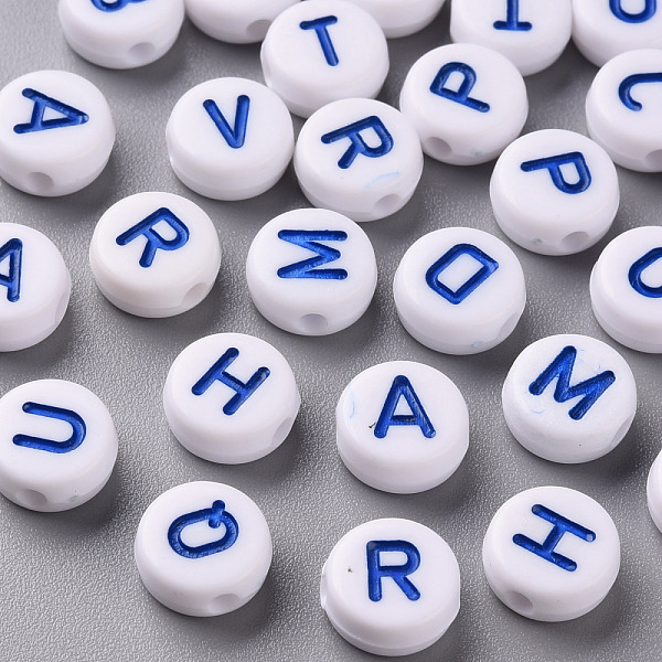

PandaHall Opaque White Acrylic Beads, with Enamel, Horizontal Hole, Flat Round with Random Initial Letter, Blue, 9.5x4.5mm, Hole: 2mm...