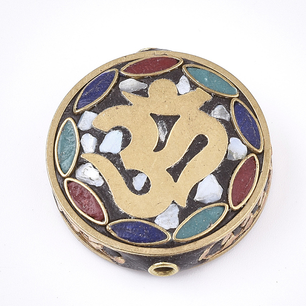 

PandaHall Handmade Indonesia Beads, with Brass Findings, Flat Round with Om Symbol, Golden, Colorful, 30x28~29x7.5~8mm, Hole: 2mm Polymer...