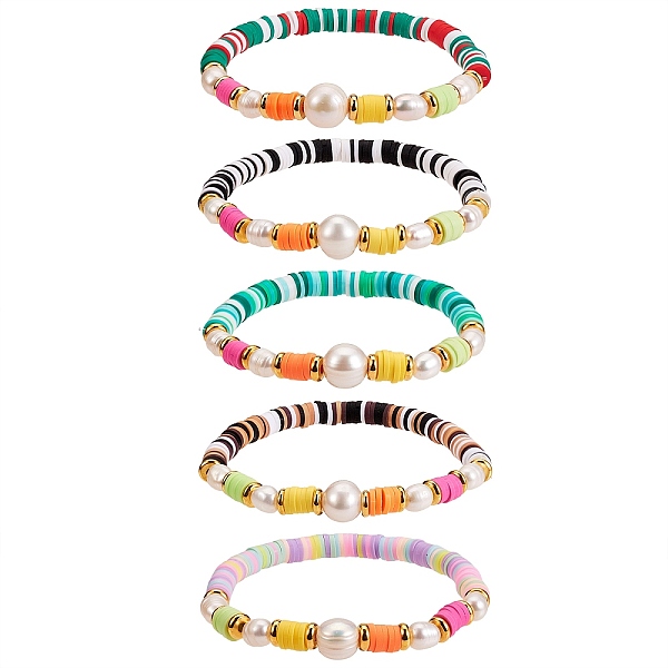 

PandaHall 5Pcs 5 Colors Polymer Clay Heishi Beaded Stretch Bracelets Sets, with Natural Pearl Beads, Brass Beads and Velvet Bags, Golden..., Multicolor